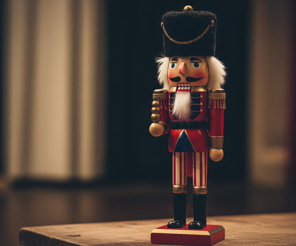 Drewniana figurka dziadka do orzechów stoi na drewnianej powierzchni. Figurka ma na sobie czerwony mundur ze złotymi detalami, biało-czerwone pasiaste spodnie oraz czarne buty i czapkę. Twarz figurki jest beżowa z dużymi, niebieskimi oczami, różowymi policzkami, czarnymi wąsami i białą brodą. Tło jest ciemne i rozmyte, z widocznym po prawej stronie pionowym pasem jaśniejszego światła.