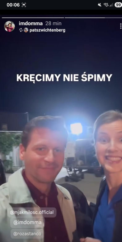 M jak miłość nowy sezon. Adam Karski (Patryk Szwichtenberg), Natalka (Dominika Suchecka) na planie