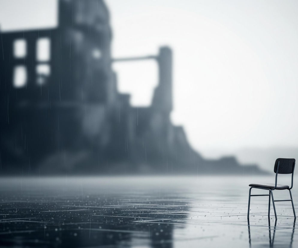 Na pierwszym planie, po prawej stronie, stoi ciemnoszare krzesło o prostej, metalowej konstrukcji, z materiałowym siedziskiem i oparciem. Krzesło znajduje się na mokrej, ciemnej powierzchni, która odbija światło i jest pokryta wyraźnymi kroplami deszczu. Pionowe linie deszczu są widoczne w całym kadrze. Tło ukazuje rozmyte, ciemne ruiny budynków o nieregularnych kształtach, z kilkoma jasnymi, prostokątnymi otworami przypominającymi okna. Całość obrazu utrzymana jest w chłodnych odcieniach szarości i błękitu, z jaśniejszym, rozmytym horyzontem.