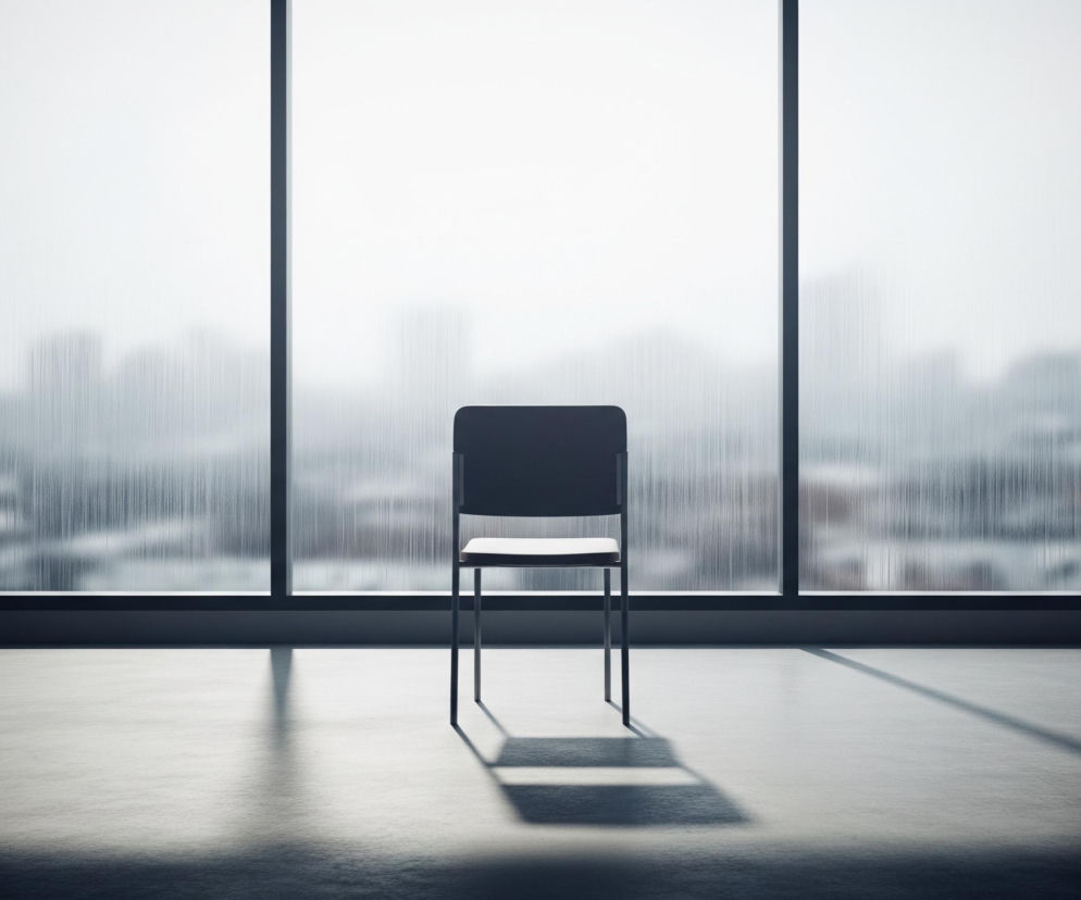 Centralnie na zdjęciu znajduje się ciemnoszare krzesło z białym siedziskiem, stojące przodem do widza. Krzesło jest umieszczone na betonowej podłodze, na której widoczny jest jego wyraźny cień, rzucany w prawo i w tył. Za krzesłem rozpościera się duża, szeroka szyba, podzielona na trzy pionowe segmenty czarnymi ramami. Za oknem widać rozmyty krajobraz miejski z zarysami budynków, pokryty białoszarą mgłą lub deszczem, z widocznymi pionowymi smugami. Po obu stronach szyby i pod nią ściany są ciemnoszare, wpadające w czerń, a na podłodze, zwłaszcza po lewej stronie, występują zacienione obszary.