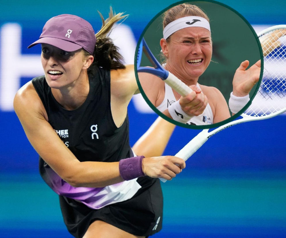 Iga Świątek podczas gry na US Open. Obok, na miniaturze, Marie Bouzkova. O ich pojedynku przeczytasz na SE Supersport.