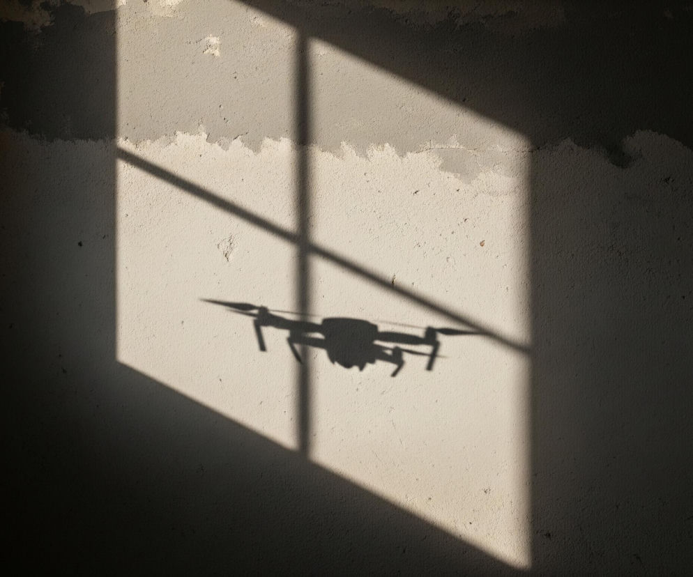 Na popękanej, jasnej ścianie widoczny jest cień drona, rzucany przez źródło światła wpadające przez kratę lub okno z pionowymi i poziomymi szczeblami. Cień drona z czterema ramionami i śmigłami unosi się w górnej, środkowej części ściany, częściowo wpadając w ciemniejszy obszar. Około połowa powierzchni ściany jest zacieniona, a jej górne partie posiadają nieregularne, ciemniejsze przebarwienia, sugerujące ubytki w tynku.
