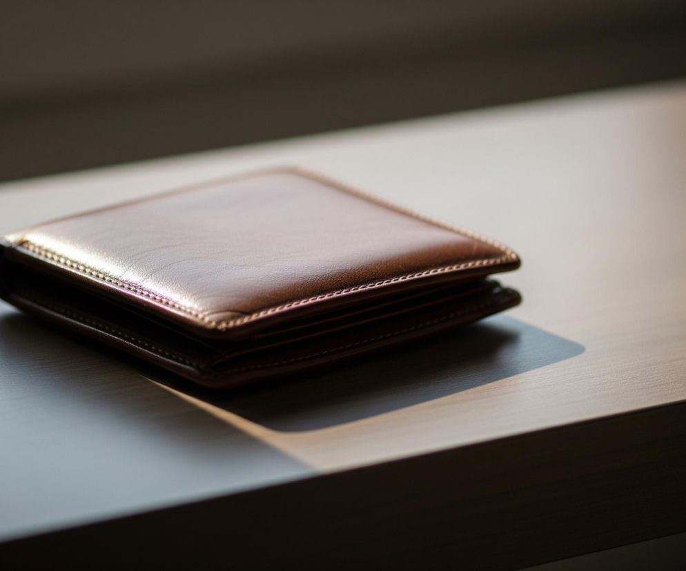 Brązowy, skórzany portfel leży na płaskiej, drewnianej powierzchni. Obiekt jest lekko otwarty i widoczne są warstwy skóry w jego wnętrzu. Na portfelu i powierzchni pod nim padają promienie światła, tworząc wyraźne, proste linie cienia po jego prawej stronie i u dołu. Tło jest rozmazane, ciemne i jednolite.