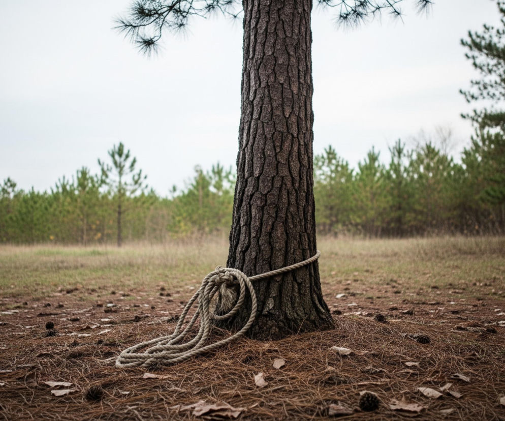 Centralnie w kadrze, na pierwszym planie, stoi pojedyncze drzewo o grubej, ciemnobrązowej, spękanej korze. U podstawy pnia, na wysokości około pół metra, owinięta jest beżowa lina, zawiązana w supeł, z resztą liny zwiniętą i leżącą na ziemi po prawej stronie drzewa. Ziemia wokół drzewa pokryta jest gęstą warstwą brązowych igieł sosnowych i kilku szyszek, a dalej w tle widać trawiastą polanę w zielono-brązowych odcieniach. Horyzont tworzy rząd ciemnozielonych drzew iglastych, a powyżej nich rozciąga się jasne, zamglone niebo.