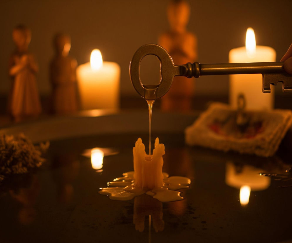 Ręka trzyma stary, miedziany klucz nad naczyniem, z którego spływa złocisty płyn, prawdopodobnie miód, prosto na świecę. Roztopiony wosk spływa po boku świecy, tworząc nieregularne kałuże na czarnym, błyszczącym podłożu, które odbija światło płomieni. W tle widać rozmazane sylwetki trzech buddyjskich figurek oraz kilka innych, płonących świec, dodających ciepłego, pomarańczowego blasku całej scenie. Po lewej i prawej stronie leżą pęki zasuszonych ziół lub kwiatów.