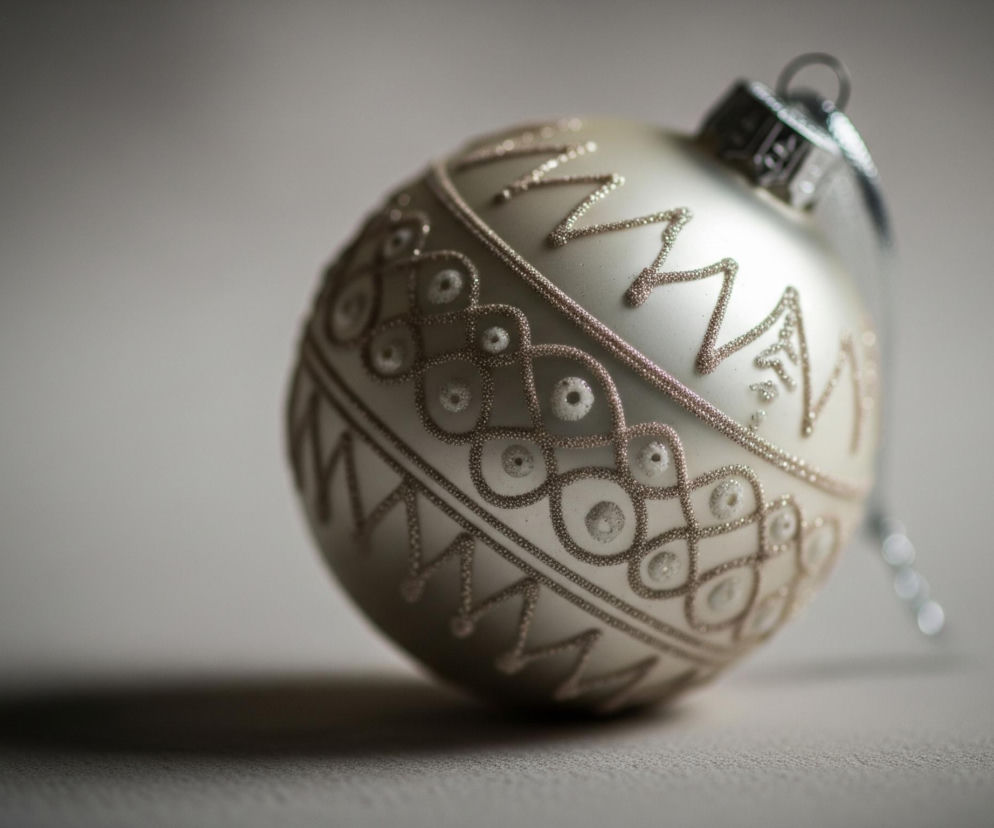Na zdjęciu widoczna jest jasna bombka bożonarodzeniowa, leżąca na powierzchni w kolorze beżowo-szarym, tworząc cień po lewej stronie. Bombka ma matową powierzchnię z ozdobnymi, błyszczącymi wzorami, które obejmują zygzaki i okręgi z punktami w środku, ułożone w symetryczny deseń. Na szczycie bombki znajduje się srebrna, metalowa zawieszka z małym kółkiem do powieszenia, delikatnie rozmyta w tle.