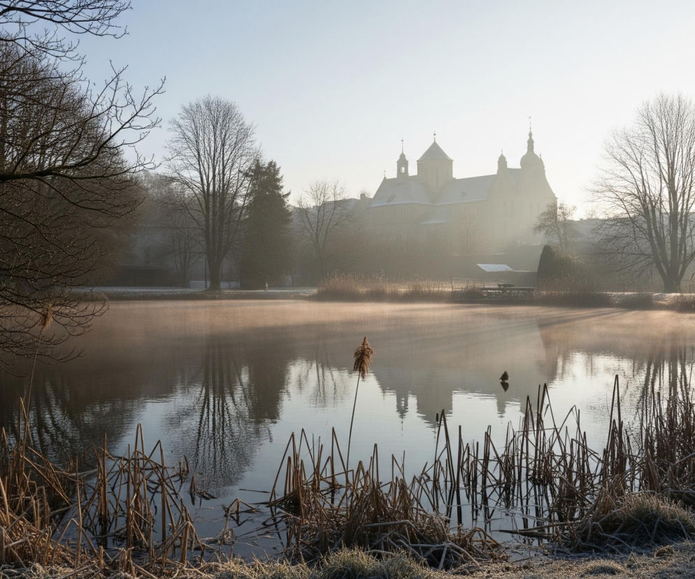 Rozległy, spokojny zbiornik wodny z mgłą unoszącą się nad jego powierzchnią dominuje w centrum obrazu. Na pierwszym planie, wzdłuż brzegu, rośnie szuwar pokryty szronem, z suchymi, złocistymi łodygami wystającymi z wody. W tle, za wodą i otaczającymi ją nagimi drzewami, majaczy sylwetka dużego, architektonicznego budynku z kilkoma wieżami i kopułami, częściowo zasłoniętego mgłą i jasnym światłem wschodzącego lub zachodzącego słońca, którego promienie rozpraszają się w powietrzu. Po prawej stronie widać jasno świecące słońce między gałęziami drzew, a cały krajobraz jest pokryty mrozem, co nadaje mu zimowy charakter.