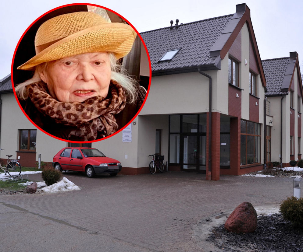 Budynek hospicjum w Pucku, a obok w czerwonym kole twarz Igi Cembrzyńskiej. O życiu aktorki przeczytasz na SE.