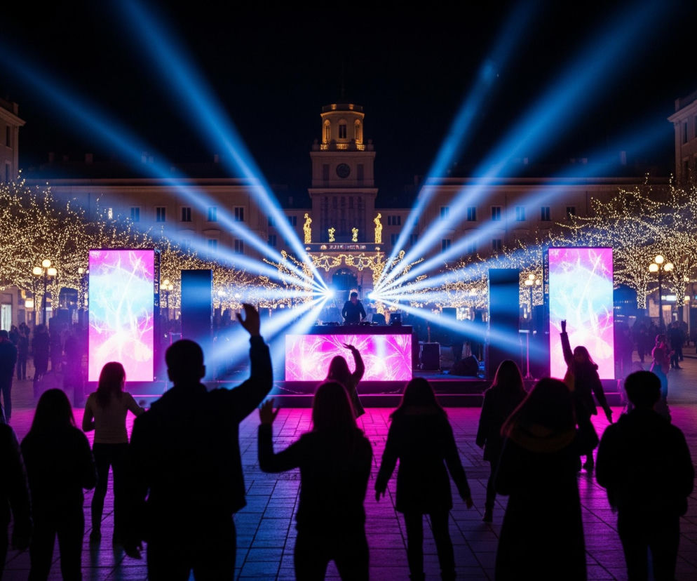 Sylwetki ludzi tańczących i obserwujących koncert na świeżym powietrzu zajmują pierwszy plan, częściowo zasłaniając scenę. Scena, umieszczona centralnie, ma didżeja za konsoletą oraz dwa duże ekrany LED po bokach, wyświetlające różowe i niebieskie wzory przypominające neurony lub drzewa. Zza sceny rozchodzą się intensywne, niebieskie promienie światła, oświetlając wysoką, jasną wieżę z zegarem w tle oraz fasady budynków po obu stronach placu. Drzewa po bokach placu są gęsto udekorowane małymi, jasnymi lampkami, tworząc ciepły, złoty blask kontrastujący z zimnym światłem scenicznym.