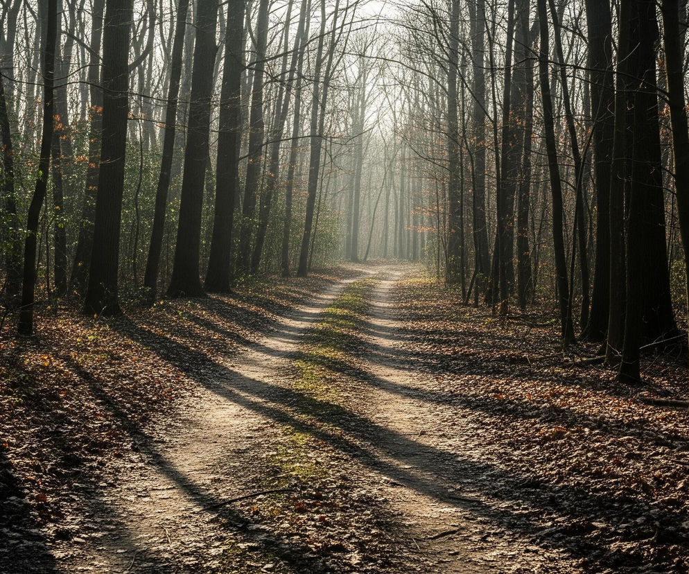 Wąska, kręta ścieżka biegnie przez las, znikając w mgle na horyzoncie. Po obu stronach ścieżki wznoszą się wysokie, ciemne pnie drzew, głównie bezlistne, tworząc gęstą ścianę. Promienie słońca, wpadające przez korony drzew, tworzą długie, jasne cienie na ziemi, pokrytej warstwą suchych, brązowych liści. W oddali, za drzewami, widać mglistą, biało-szarą przestrzeń nieba.