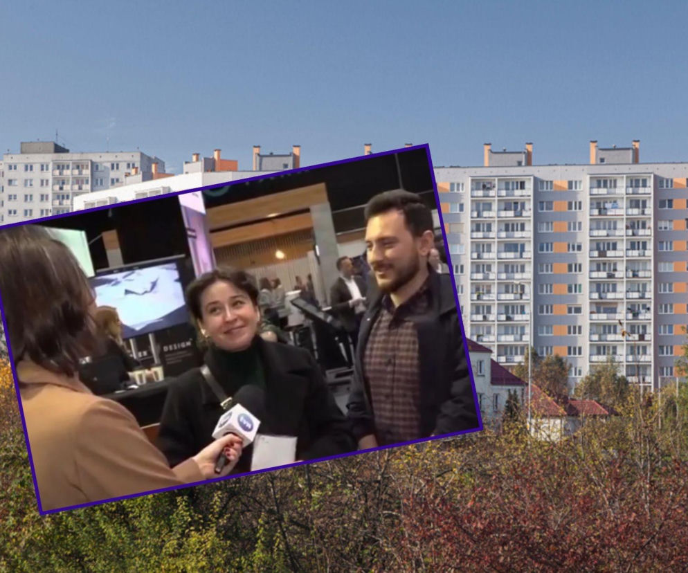 Kolaż: fragment reportażu TVN z parą, Martą i Pawłem Kolaska, podczas wywiadu na targach nieruchomości, na tle osiedla bloków mieszkalnych. Materiał TVN wzbudził kontrowersje, o czym przeczytasz na Super Biznes.