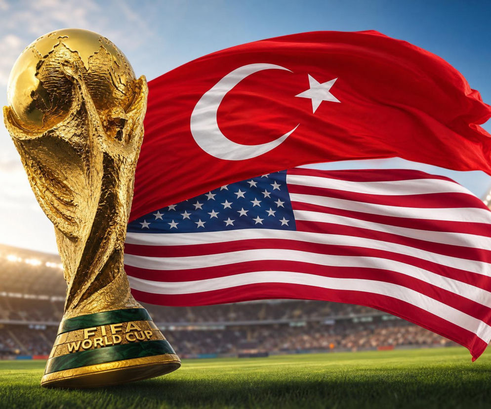 Złoty puchar FIFA World Cup na zielonej murawie stadionu, za nim powiewają flagi Turcji i Stanów Zjednoczonych, symbolizując nadchodzący mecz Mundialu 2026. Szczegółowe statystyki meczu Turcja - USA znajdziesz na naszym portalu.