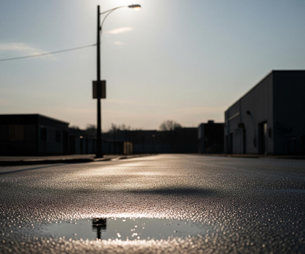 Na pierwszym planie, w dolnej części kadru, znajduje się kałuża wody odbijająca jasne światło. Droga, pokryta drobnymi kropelkami, rozciąga się w głąb kadru, z lekko błyszczącą nawierzchnią. Po prawej stronie drogi widoczne są niskie budynki w odcieniach szarości i czerni, z jednym oświetlonym fragmentem fasady. Po lewej stronie kadru znajduje się ciemna fasada budynku, a w centralnej części zdjęcia, na środku drogi, stoi wysoki, ciemny słup z lampą uliczną, której światło przebija się przez górną część zdjęcia. Niebo jest jasne, w odcieniach błękitu i bieli, z subtelnymi smugami chmur, a słońce, znajdujące się za słupem, tworzy efekt poświaty.