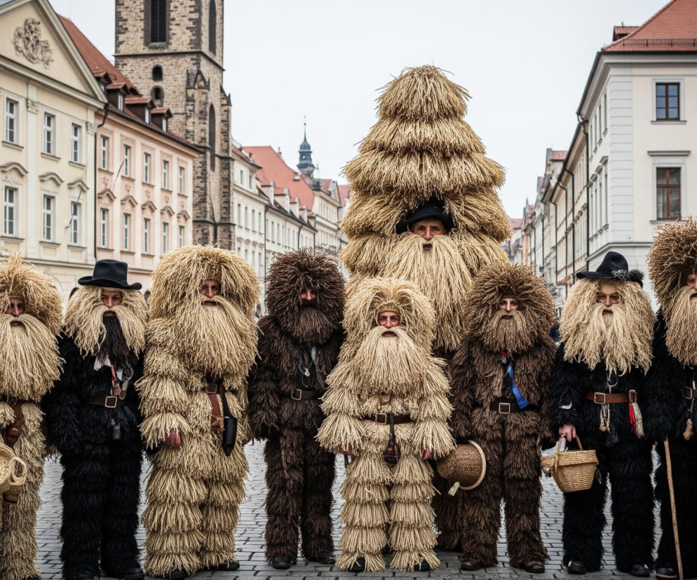 Dziesięć postaci w tradycyjnych słomianych lub futrzanych kostiumach stoi w rzędzie na brukowanym placu, z kamienicami i wieżą kościelną w tle. Kostiumy są głównie w odcieniach beżu i brązu, przypominając kępy siana, z długimi brodami i obfitymi nakryciami głowy; jedna z postaci ma na sobie czarny kostium, a inna wyróżnia się bardzo wysokim, stożkowym nakryciem głowy. Niektóre postacie trzymają plecione koszyki, a jedna dzierży drewnianą laskę. W tle widać budynki o jasnych fasadach i spadzistych, ceglanych dachach pod pochmurnym, szarym niebem.