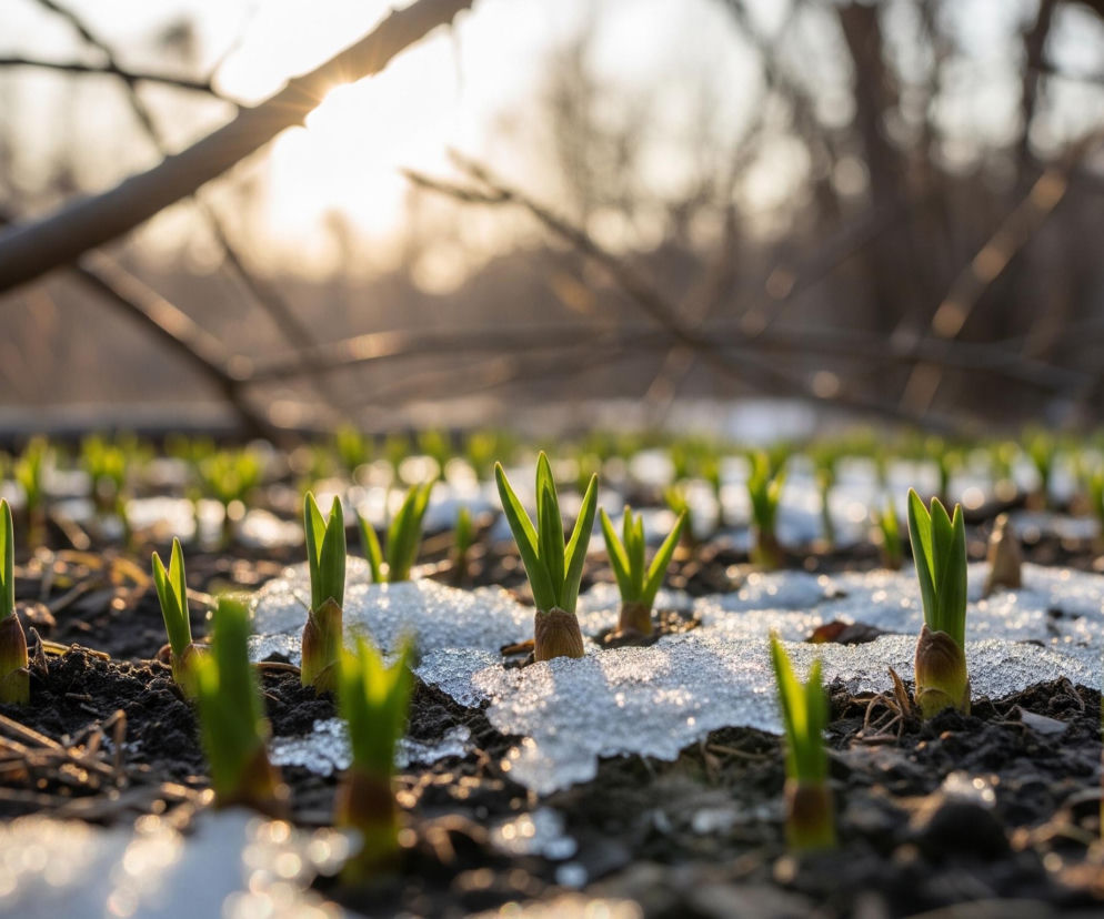 W pierwszym planie widoczne są liczne, młode zielone pędy roślin, przebijające się przez ciemną ziemię i platy białego, topniejącego śniegu. Pędy o ostrych końcówkach i jasnej barwie rozłożone są równomiernie w dół obrazu, z niektórymi otoczonymi lśniącymi od słońca kryształkami lodu. W tle rozmywają się nagie gałęzie drzew, tworząc ciemne, poziome linie, a za nimi widać jasne, rozproszone światło zachodzącego słońca.