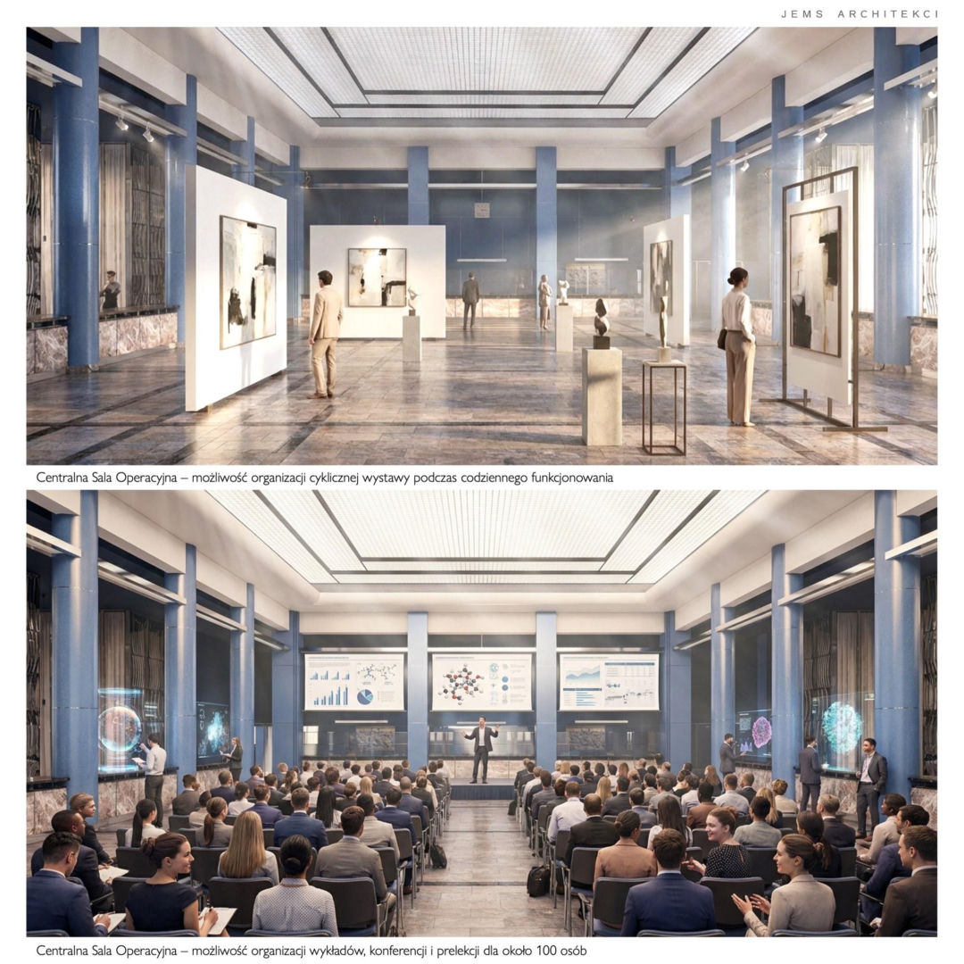 Wizualizacje zmodernizowanych wnętrz gmachu BGK w Warszawie wg JEMS Architekci