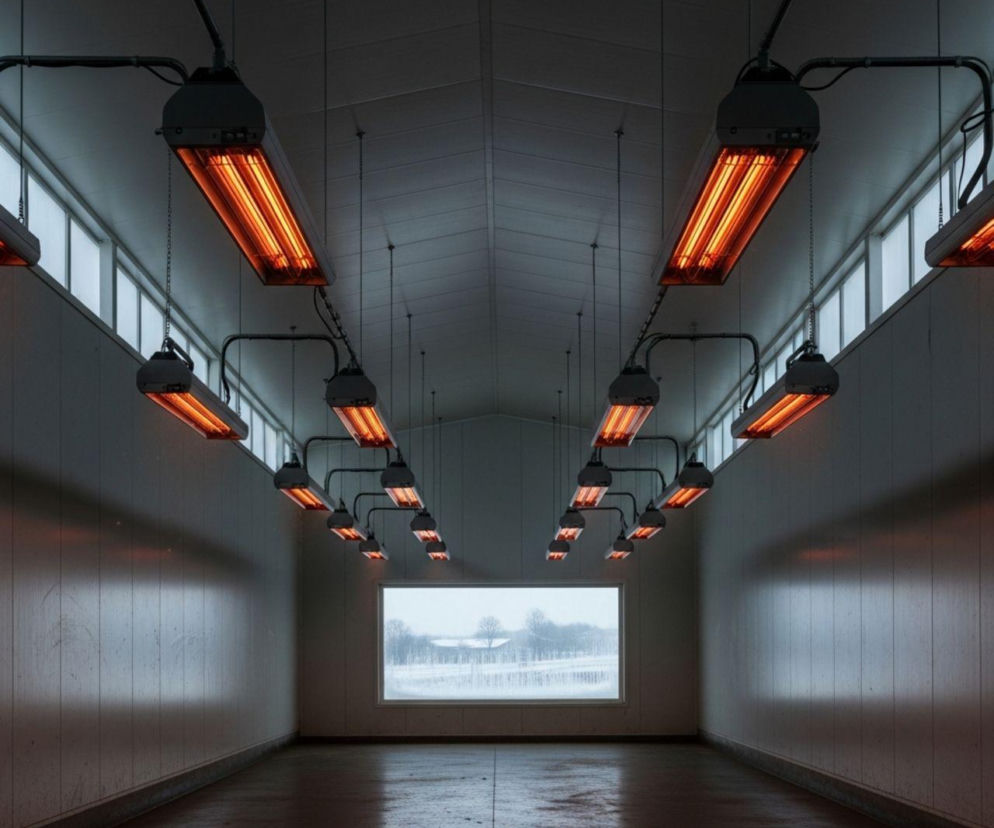 Wnętrze pustego, nowoczesnego budynku inwentarskiego z rzędami lamp grzewczych pod sufitem, oświetlających puste pomieszczenie. Przez okno widać zimowy krajobraz. Temat nowoczesnego ogrzewania budynków inwentarskich możesz przeczytać na Super Biznes.