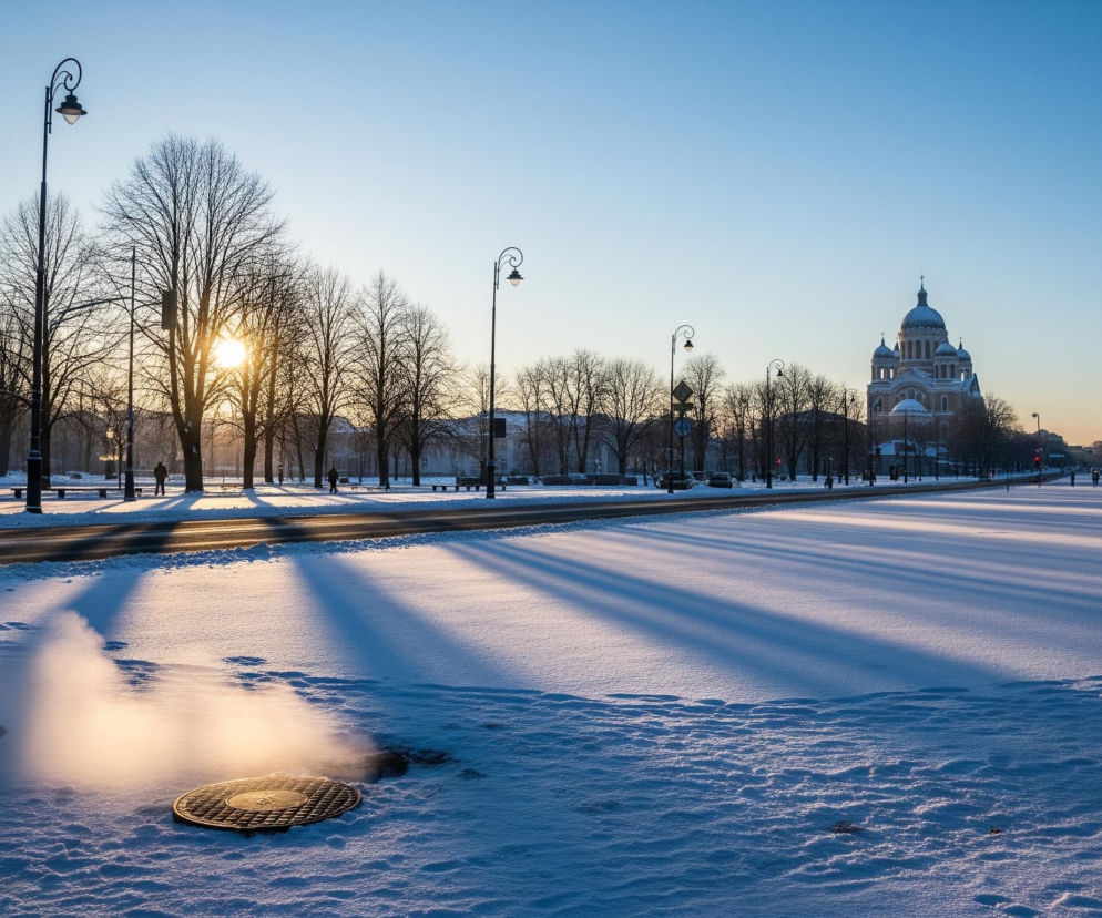 Na pierwszym planie, z lewej strony, widać postać idącej osoby ubranej w ciemną kurtkę z futrzanym kapturem, otoczonej obłokami jasnej pary unoszącej się z ziemi, prawdopodobnie z otwartego włazu studzienki kanalizacyjnej widocznego tuż obok. Cały pierwszy plan pokryty jest śniegiem, na którym widoczne są cienie drzew i budynków oraz nieregularne wzory. W tle rozciąga się szeroka, zaśnieżona ulica z jezdnią pośrodku, a po obu stronach ulicy stoją rzędy nagich drzew i ozdobne latarnie uliczne. Na końcu ulicy, po prawej stronie, wznosi się duży, jasny budynek z kopułą, o architekturze przypominającej świątynię, natomiast po lewej stronie horyzontu wschodzi słońce, tworząc silne, ciepłe światło przebijające się przez gałęzie drzew.