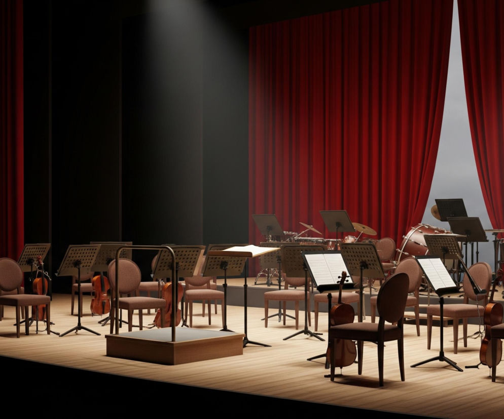 Widoczna jest scena teatralna przygotowana na występ orkiestry. Na drewnianym parkiecie, o jasnym brązowym odcieniu, rozmieszczone są liczne brązowe krzesła z obiciami oraz czarne pulpity na nuty, na których leżą otwarte partytury. Pomiędzy krzesłami stoją smyczkowe instrumenty w odcieniach brązu, takie jak wiolonczele i skrzypce. W tle dominują ciężkie, fałdowane, czerwone zasłony, a za nimi po prawej stronie widać fragment szarego nieba lub ściany. Z lewej strony sceny, na podwyższeniu, znajdują się duże kotły perkusyjne oraz zestaw perkusyjny z talerzami i bębnami. Centralnie z sufitu pada snop białego światła, oświetlając część sceny.