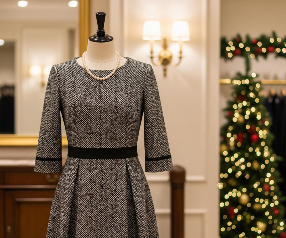 Na pierwszym planie, centralnie, stoi beżowy manekin z czarną, drewnianą szpilką na szyi, prezentujący sukienkę. Sukienka ma biało-czarny wzór w drobną jodełkę, czarny pasek w talii i czarne obszycia na rękawach sięgających za łokieć, a także okrągły dekolt ozdobiony naszyjnikiem z perłowymi koralikami. Po lewej stronie, w tle, znajduje się lustro w złotej ramie odbijające białą ścianę i dwie lampy wiszące, obok widać kawałek ciemnobrązowej, drewnianej komody, a na niej srebrny wazon z czerwono-zielonymi kwiatami. Po prawej stronie, w tle, rozświetlone lampkami bożonarodzeniowe drzewko z czerwonymi i złotymi bombkami, a nad nim zielony girlanda z lampkami i czerwonymi dekoracjami. Dalej w prawo widać rząd ciemnych ubrań wiszących na złotym wieszaku.