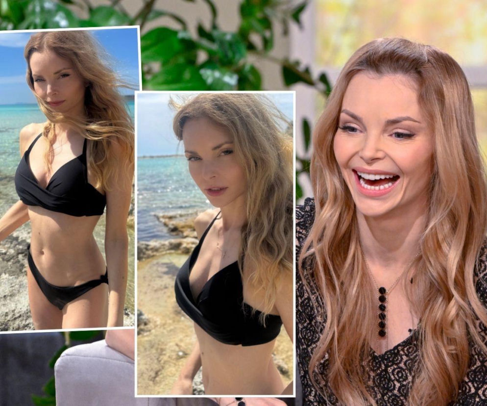 Izabella Miko w czarnym bikini na plaży w Grecji, prezentująca wyrzeźbioną sylwetkę oraz uśmiechnięta na innym ujęciu. Aktorka dzieli się swoimi poglądami na temat opalania bez filtrów, o czym więcej przeczytasz na naszym portalu.