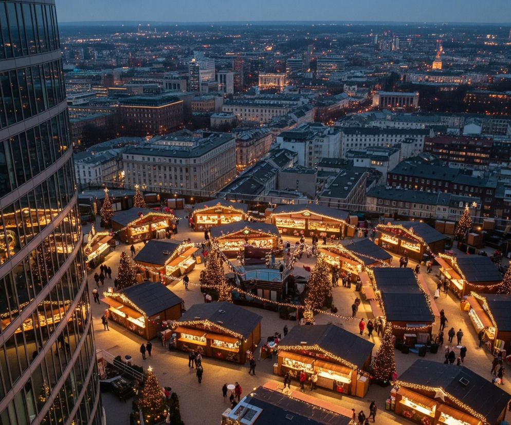 Panorama miasta nocą lub o zmierzchu, z lotu ptaka, dominuje duży, częściowo widoczny po lewej stronie, przeszklony budynek. Na dole rozciąga się oświetlony plac, na którym ustawiono liczne drewniane budki handlowe z ciemnymi dachami, ozdobione girlandami ciepłych światełek, tworząc atmosferę jarmarku. Pomiędzy budkami stoją dekorowane choinki, również przystrojone lampkami, a po placu spacerują rozmyte sylwetki ludzi, odzwierciedlając wieczorny ruch. W tle widoczne są dalsze budynki miejskie z rozświetlonymi oknami i ulicami, rozciągające się aż po horyzont pod ciemnym, granatowym niebem.