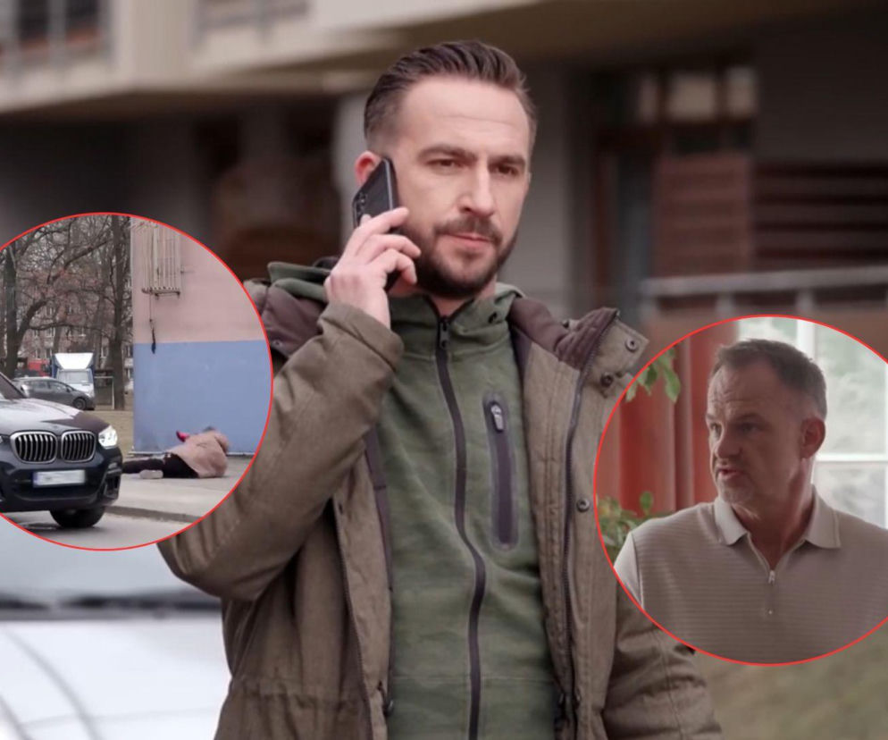 Damian Wasilewski jako Świder w serialu Pierwsza miłość, trzymający telefon przy uchu, z kadrami przedstawiającymi Bolesława i postrzelonego mężczyznę leżącego na ulicy. Więcej o losach bohaterów przeczytasz na Super Seriale.