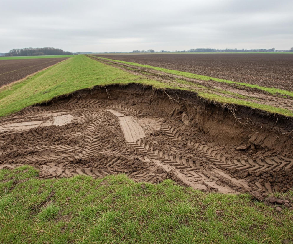 Pofałdowany teren z jasnozieloną trawą na pierwszym planie po lewej stronie płynnie przechodzi w rozległe pola uprawne o barwie ciemnobrązowej. Pomiędzy nimi, w centrum obrazu, widać zagłębienie w ziemi, ujawniające odsłoniętą, ciemnobrązową glebę z wyraźnymi śladami opon maszyn rolniczych. Horyzont dominuje szare, zachmurzone niebo, a w oddali widać linię drzew.