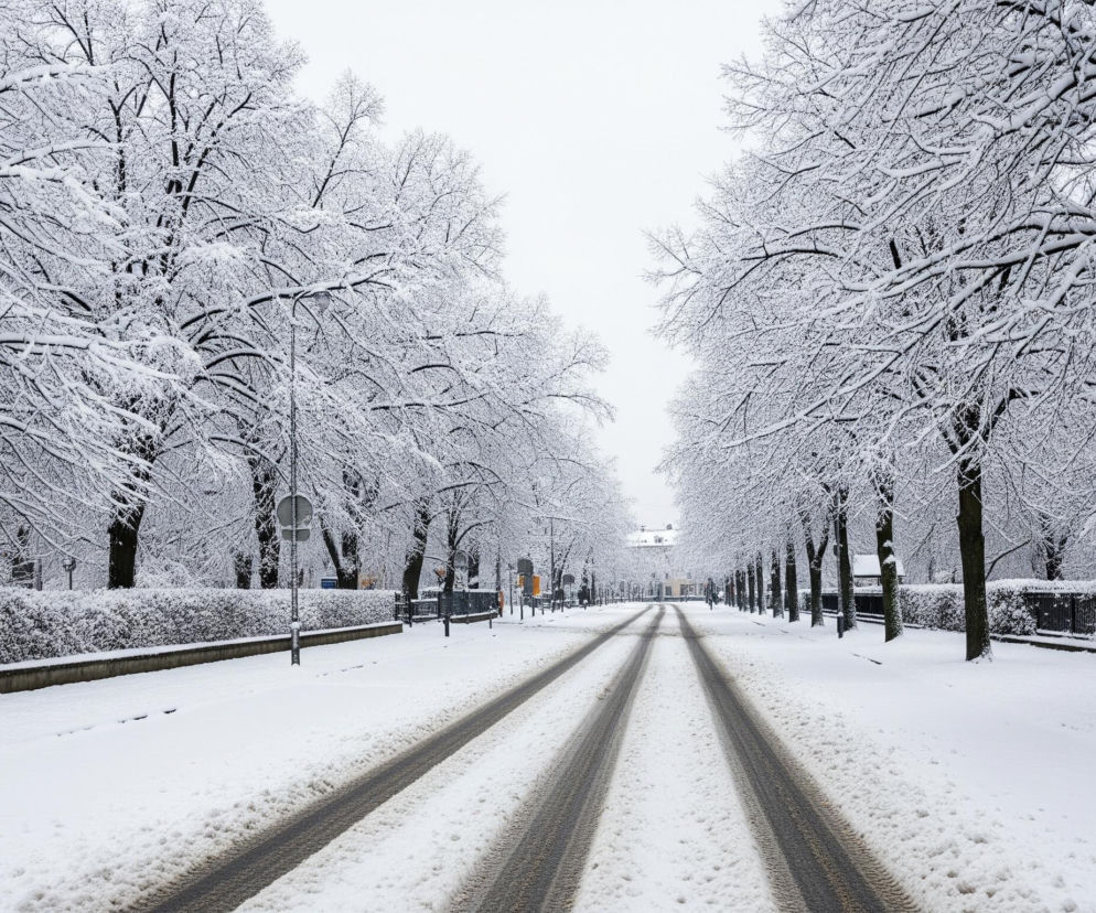 Szeroka, ośnieżona ulica rozciąga się w głąb obrazu, z dwoma ciemnymi śladami kół prowadzącymi przez biały śnieg. Po obu stronach drogi rosną gęsto rozmieszczone drzewa z gałęziami całkowicie pokrytymi puszystym, białym śniegiem, tworząc zimowy tunel. Pomiędzy drogą a drzewami, po obu stronach widoczne są niskie, pokryte śniegiem żywopłoty, za którymi widać fragmenty ciemnych ogrodzeń i kilka budynków w oddali. Niebo jest jednolicie jasnoszare, niemal białe, co świadczy o pochmurnym, zimowym dniu.
