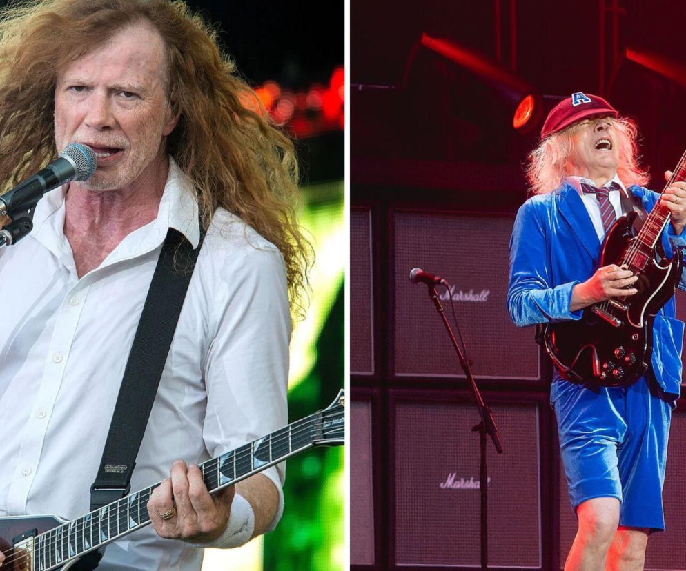 Dave Mustaine z Megadeth przy mikrofonie, obok Angus Young grający na gitarze. O muzycznych inspiracjach pisze EskaRock.