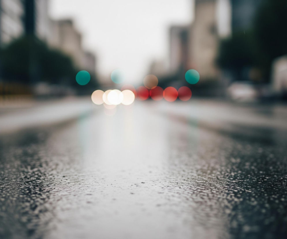 Asfaltowa ulica po deszczu, pokryta drobnymi kroplami wody, dominuje pierwszy plan obrazu. Po lewej stronie, na poboczu, biegnie rząd czarno-żółtych słupków odgradzających pas ruchu. W oddali, rozmyte światła samochodów, głównie białe i czerwone, tworzą kolorowe kręgi, a za nimi zarysowane są niewyraźne, szare budynki i zielone drzewa, zlewające się z jasnym, zamglonym niebem.