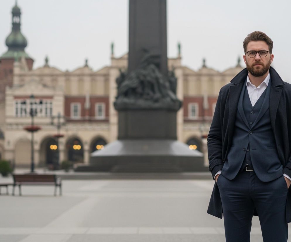 Mężczyzna z brodą i w okularach stoi na pierwszym planie, ubrany w granatowy garnitur i ciemny płaszcz, z rękami w kieszeniach. Tło rozmywa się, ukazując duży, pusty plac z ławkami i latarniami, a dalej monumentalne budynki o czerwonych dachach i kremowych fasadach. Pośrodku placu wznosi się ciemny monument z rzeźbioną podstawą, otoczony architekturą miejską.