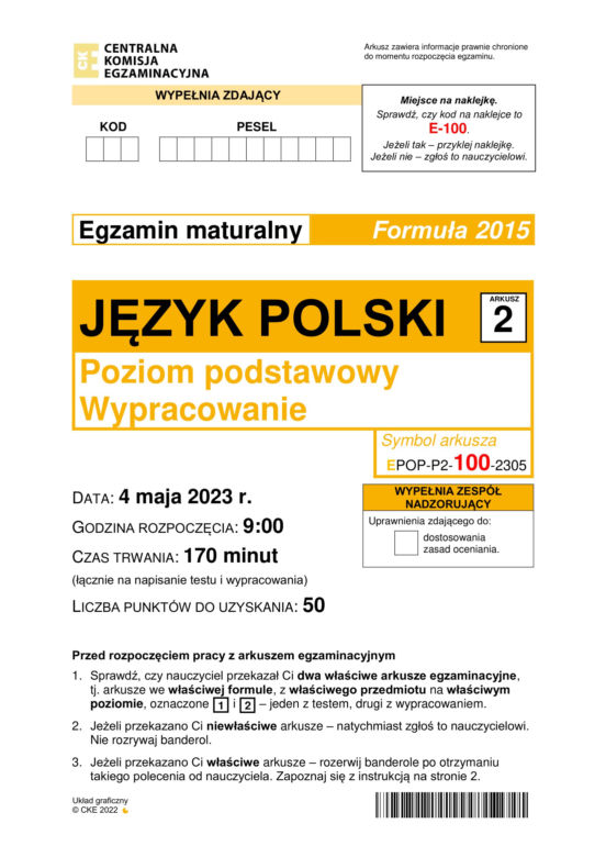 Matura 2023: polski. Arkusze CKE i odpowiedzi. Poziom podstawowy [Formuła 2015]	