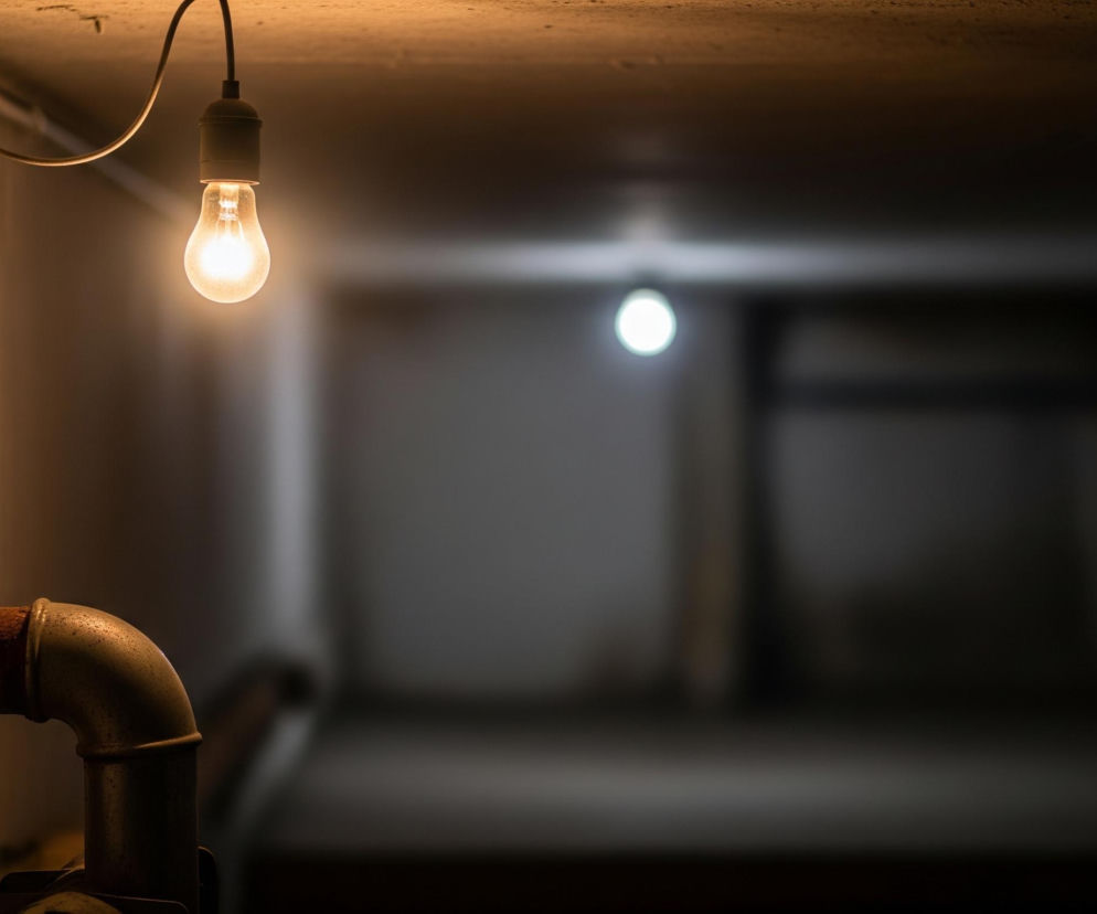 Rozświetlona żarówka z widocznym żarnikiem wisi pośrodku górnej części kadru, emanując ciepłym, żółtawym światłem. Kabel zasilający, przymocowany do betonowego sufitu i ściany, prowadzi do żarówki. Ściana po lewej stronie jest brudna, pokryta ciemnymi plamami i smugami, częściowo oświetlona ciepłym światłem. Z tej ściany wystaje zardzewiała, metalowa rura zagięta pod kątem prostym, prowadząca w głąb ciemnego pomieszczenia. W oddali, w rozmazanym tle, widać drugie, mniejsze źródło światła, świecące na biało, otoczone ciemnym, niewyraźnym otoczeniem, w którym rozróżnić można zarysy innych obiektów.