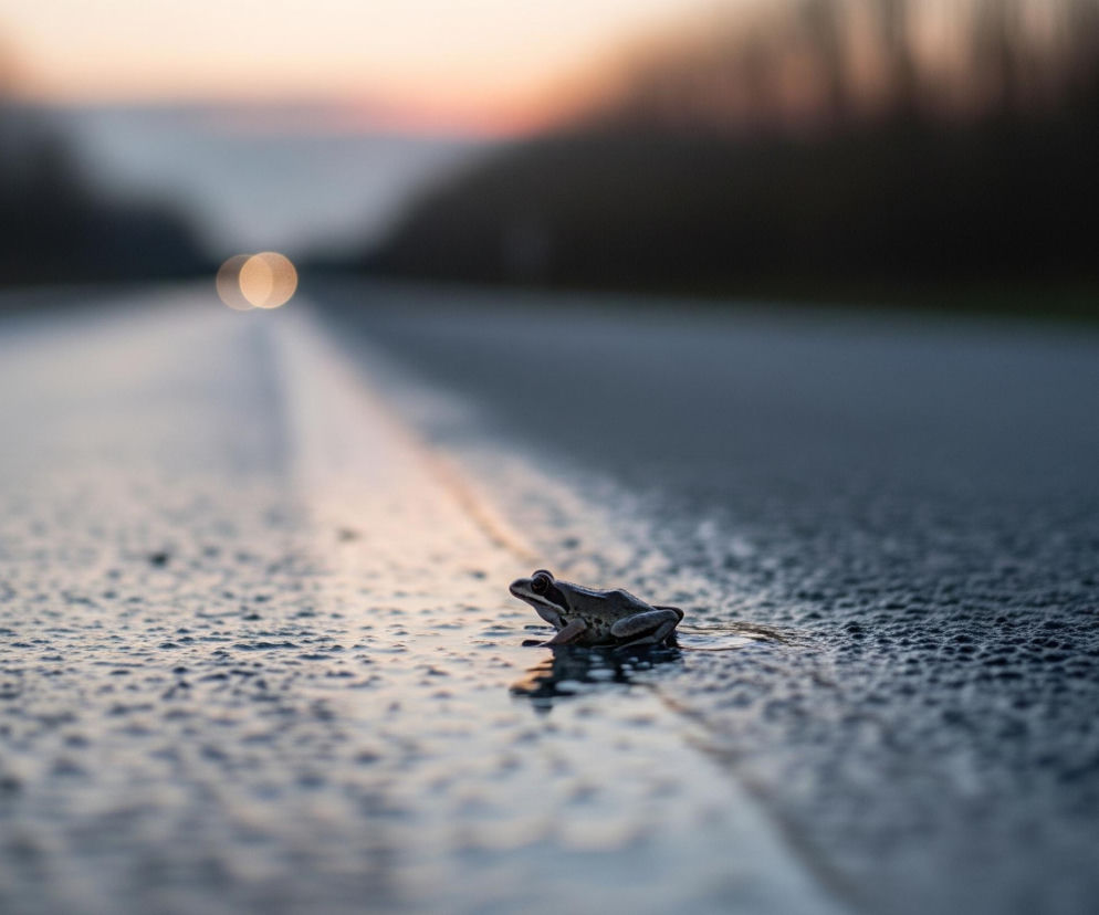 Na mokrej, asfaltowej drodze, w dolnej części kadru, po prawej stronie centralnej, znajduje się brązowo-szara żaba z wyraźnymi ciemnymi paskami na oczach. Droga pokryta jest drobnymi kroplami wody, które odbijają światło, tworząc lśniące punkty, i przecina ją biała, rozmyta linia ciągła. W tle, perspektywa drogi rozciąga się w głąb obrazu, z rozmazanymi ciemnymi kształtami drzew po obu stronach i dwoma jasnymi, okrągłymi punktami rozmytego światła na horyzoncie, gdzie widać subtelne, pomarańczowo-różowe pasmo zachodzącego słońca.