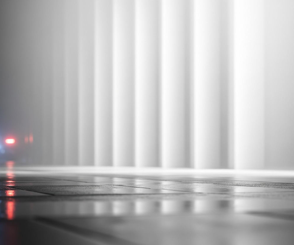 Ciemną, wyłożoną płytkami powierzchnię, przypominającą drogę lub chodnik, która ciągnie się w głąb sceny. Na jej mokrej nawierzchni odbijają się czerwone i niebieskie światła, pochodzące od niewyraźnych obiektów w tle, które zdają się być pojazdami ratunkowymi. Tło to rozmyta ściana białych, pionowych słupów światła, zanikających w jasnej, jednolitej poświacie.