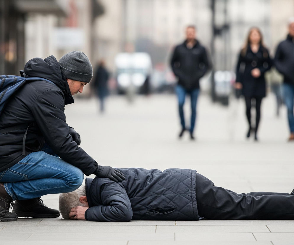 Na pierwszym planie mężczyzna w granatowej kurtce, niebieskich dżinsach i szarej czapce kuca obok leżącego na ziemi, twarzą do dołu, mężczyzny. Kucający mężczyzna ma na sobie plecak w kolorze granatowym i czarne rękawiczki, a jego lewa dłoń spoczywa na ramieniu leżącego. Leżący mężczyzna ubrany jest w pikowaną, granatową kurtkę i ciemne spodnie, a jego dłonie są zaciśnięte pod głową. W tle, rozmazane, widać kilka osób idących chodnikiem oraz miejską zabudowę z budynkami i ulicą z sygnalizacją świetlną.
