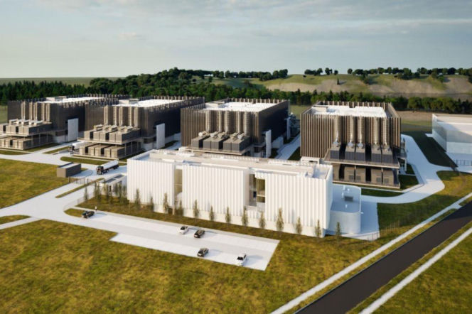 Wizualizacja Data Center Konin. Cztery duże budynki serwerowe otoczone zielenią. O inwestycji czytaj na Muratorplus.