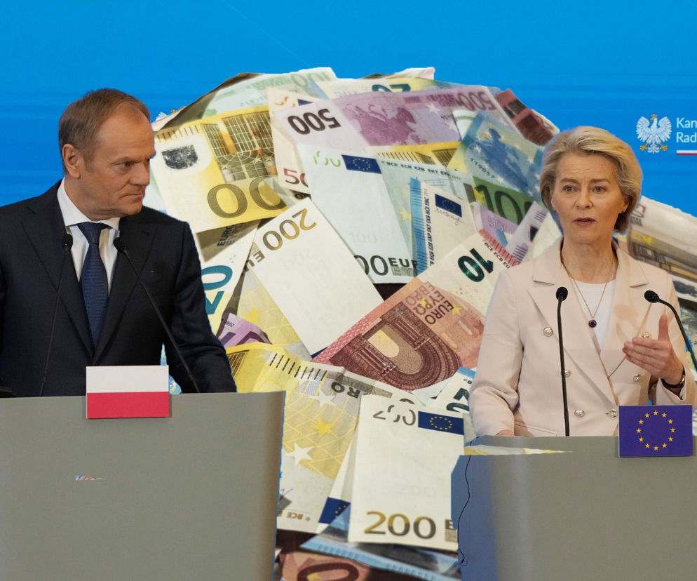 Ursula von der Leyen i Donald Tusk stoją przy mównicach na tle stosu banknotów euro, symbolizując decyzje UE wpływające na portfele Polaków. Temat nowego podatku CBAM, który podniesie ceny AGD i części samochodowych, znajdziesz na Super Biznes.