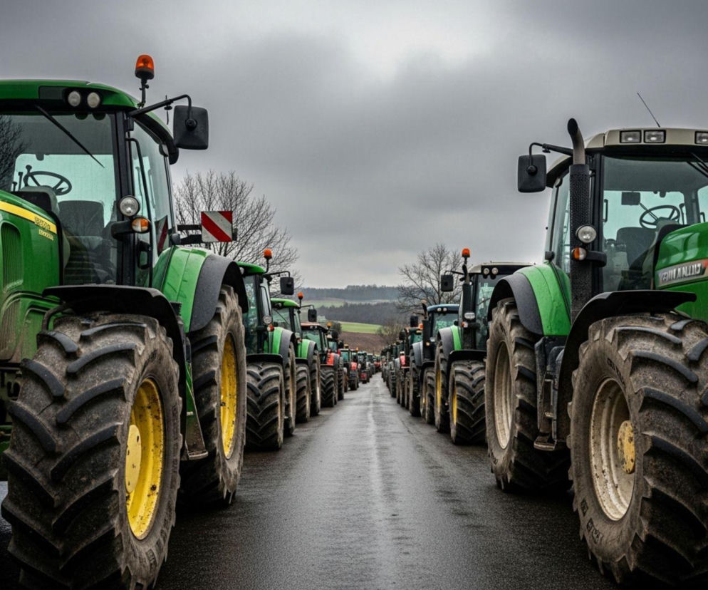 Długa kolumna zielonych ciągników rolniczych z pomarańczowymi światłami ostrzegawczymi, blokujących mokrą drogę asfaltową pod pochmurnym niebem, symbolizująca protesty rolników przeciwko niskim cenom i unijnym przepisom, o czym przeczytasz na portalu Super Biznes.