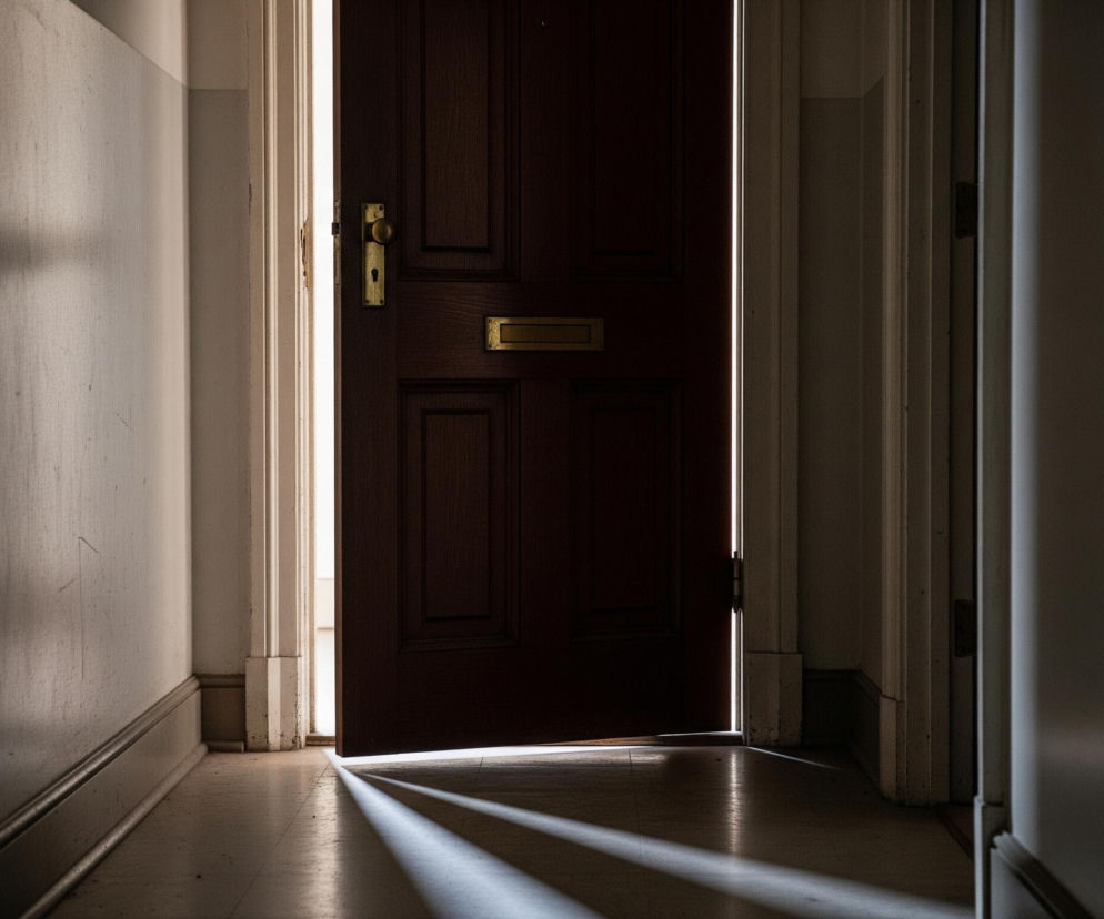 Uchylone ciemne drewniane drzwi stanowią centralny element kompozycji, lekko otwarte, ukazując jasną szczelinę po lewej stronie i na dole. Złoty, okrągły uchwyt oraz prostokątna skrzynka na listy o podobnym, mosiężnym kolorze widoczne są na drzwiach. Po lewej stronie drzwi znajduje się jasna, szara ściana, oświetlona smugami światła padającego zza drzwi, tworzącego diagonalne cienie na podłodze z jasnych paneli. Prawa strona obrazu to ciemniejsza, szara ściana z białym listowaniem przy podłodze, tworząca kontrast z oświetloną częścią pomieszczenia.