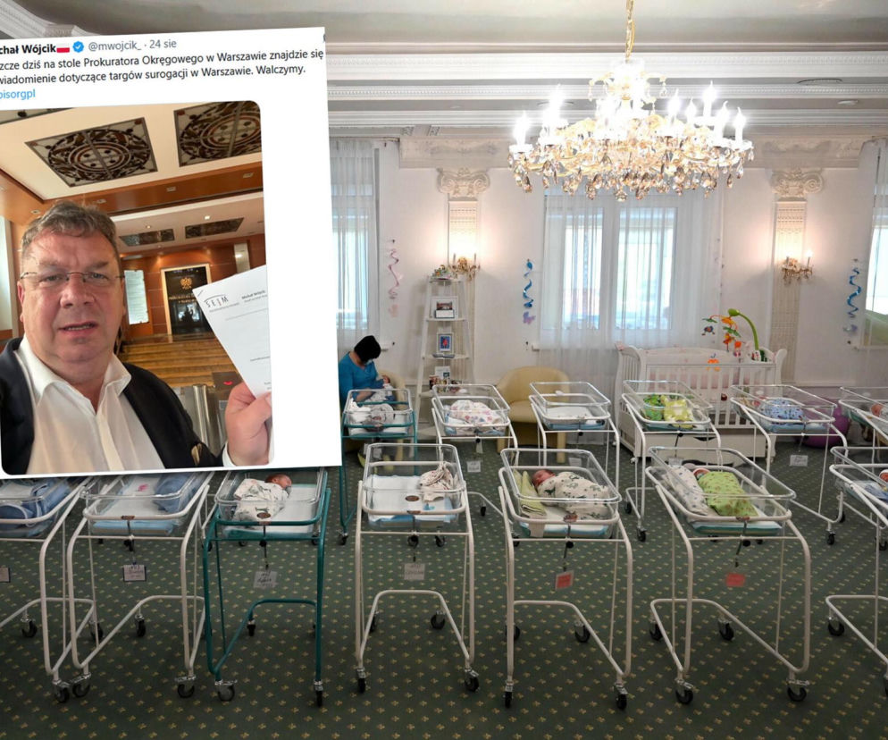Noworodki w łóżeczkach, obok wstawka z wpisem posła Michała Wójcika. O kontrowersjach wokół surogacji przeczytasz w SE.