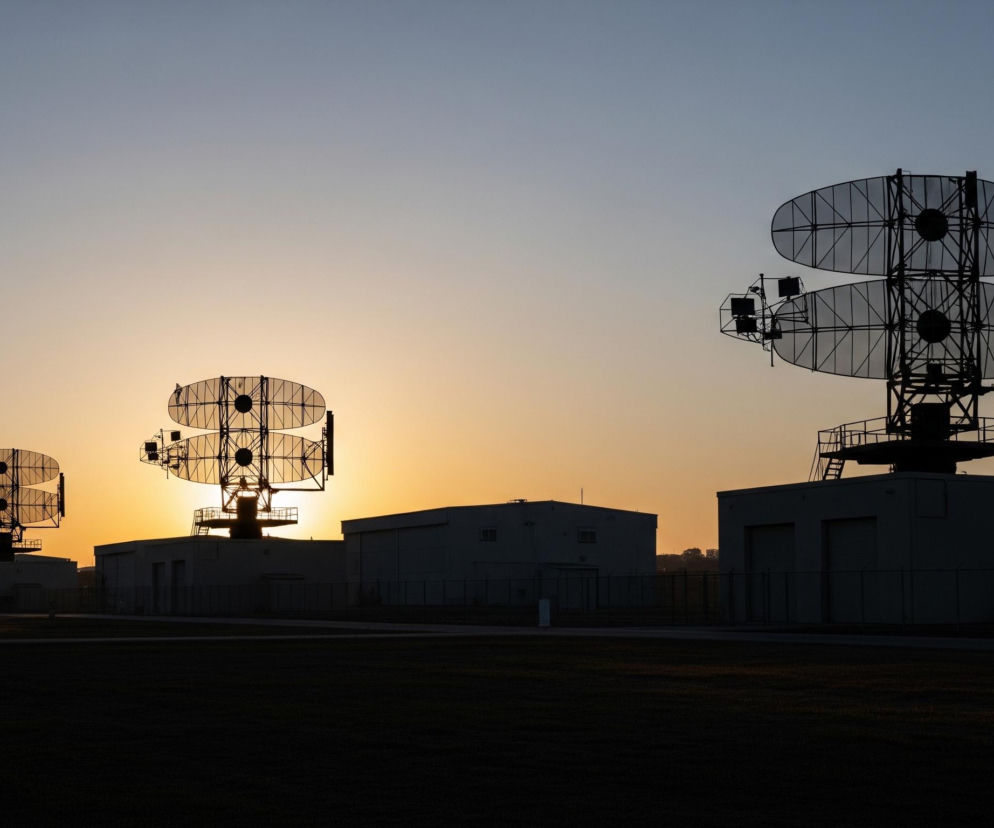 Rząd ciemnych sylwetek, przypominających anteny radarowe z podwójnymi, owalnymi panelami, dominuje w centrum obrazu, rozciągając się w dal. Słońce, znajdujące się nisko na horyzoncie, tworzy jasną, pomarańczowo-żółtą poświatę, przechodzącą płynnie w błękitne niebo na górze, akcentując kontury masztów i ich skomplikowanych konstrukcji. Anteny są umieszczone na prostych, budynkach o płaskich dachach, których ciemne fasady odcinają się od tła, podkreślając wrażenie zmierzchu lub świtu. Na pierwszym planie rozciąga się ciemna powierzchnia przypominająca trawę lub nisko przyciętą roślinność.