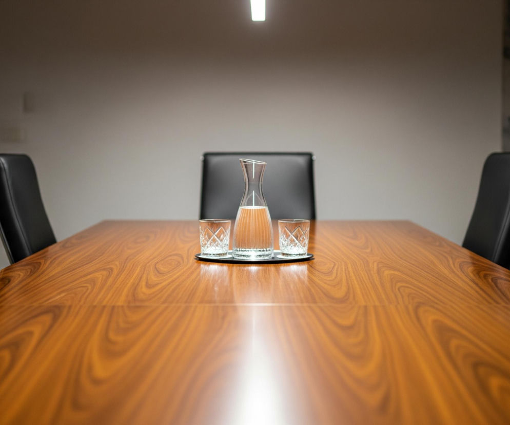 Na pierwszym planie znajduje się duży, błyszczący, drewniany stół konferencyjny w kolorze orzechowym, z wyraźnym rysunkiem słojów. Na środku stołu stoi taca z czarnego tworzywa, na której umieszczona jest szklana karafka wypełniona wodą oraz dwie szklanki z wzorzystym reliefem, również wypełnione płynem. Wokół stołu ustawione są czarne skórzane krzesła z chromowanymi elementami, z których cztery widoczne są częściowo po bokach i jedno, centralne, na wprost. Tło stanowi jasna ściana, częściowo oświetlona, z ciemnymi akcentami po lewej stronie w postaci fragmentu drzwi oraz po prawej, gdzie widać wzorzystą, ciemniejszą powierzchnię.
