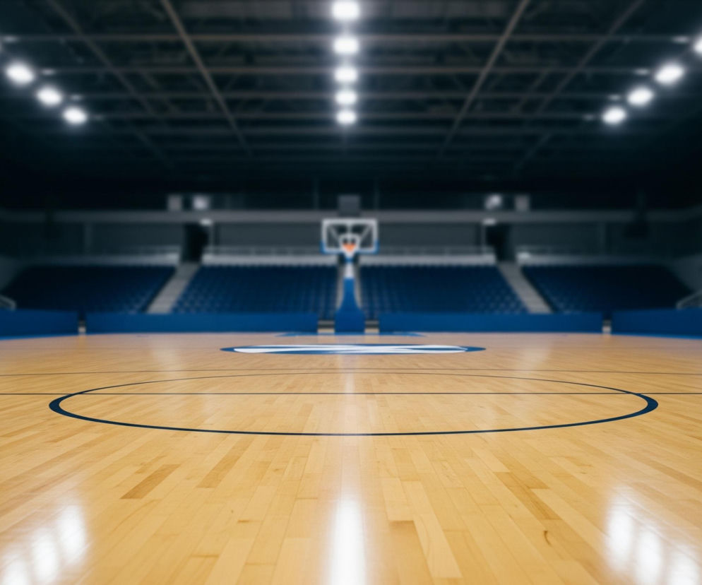 Drewniana podłoga boiska sportowego w jasnym, ciepłym odcieniu drewna zajmuje większą część kadru. Na niej wyraźnie widać ciemne, cienkie linie wyznaczające pole gry oraz centralny okrąg. W tle, na środku, znajduje się kosz do koszykówki z białą tablicą i pomarańczową obręczą, a po obu stronach boiska widać rzędy pustych, niebieskich siedzeń trybun. Sufit sali jest ciemny, a z niego zwisają równoległe rzędy jasnych świateł, które odbijają się na lśniącej powierzchni parkietu.