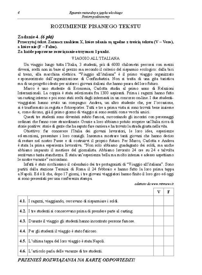 Matura 2014 Język Włoski poziom podstawowy