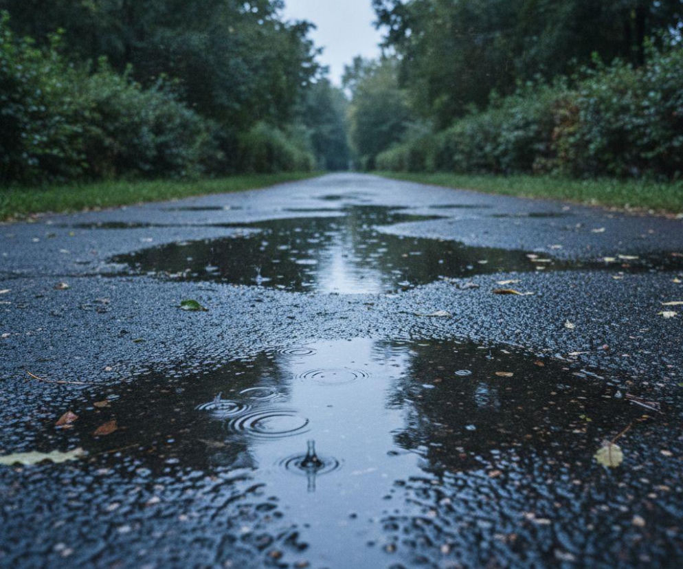 Krople deszczu wpadają do kałuży na mokrej asfaltowej drodze w parku. O pogodzie w Szczecinie przeczytasz na SE Szczecin.