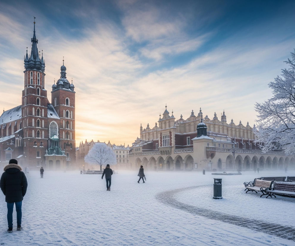 Zasnieżony plac pokryty jest grubą warstwą białego puchu, gdzieniegdzie widoczne są ślady stóp oraz wytyczona ciemna ścieżka. Na lewo dominuje gotycki kościół z ceglanymi ścianami i dwoma strzelistymi wieżami pokrytymi białym śniegiem na dachach, podczas gdy po prawej stronie placu wznosi się długi, kremowy budynek z podcieniami, którego dachy również są oprószone śniegiem. W centrum kadru i po prawej stronie rosną drzewa z nagimi gałęziami, całkowicie pokrytymi szronem, a pod nimi stoją drewniane ławki. Kilka osób w ciemnych ubraniach przechadza się po zasnieżonym placu, natomiast niebo w górnej części kadru przechodzi od ciemnoniebieskiego na prawo do pastelowego pomarańczowego i żółtego odcienia przy horyzoncie, z rozproszonymi białymi chmurami.