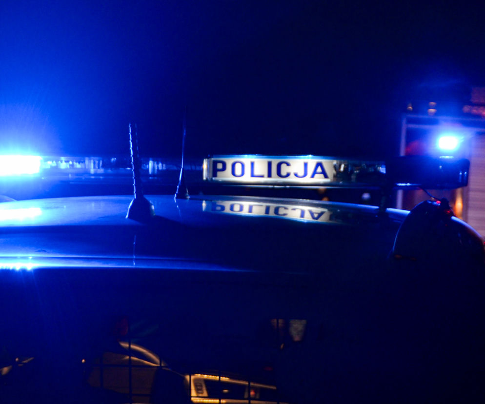 Dach radiowozu z napisem Policja i włączonymi niebieskimi kogutami. O śledztwie w Toruniu przeczytasz na SE.