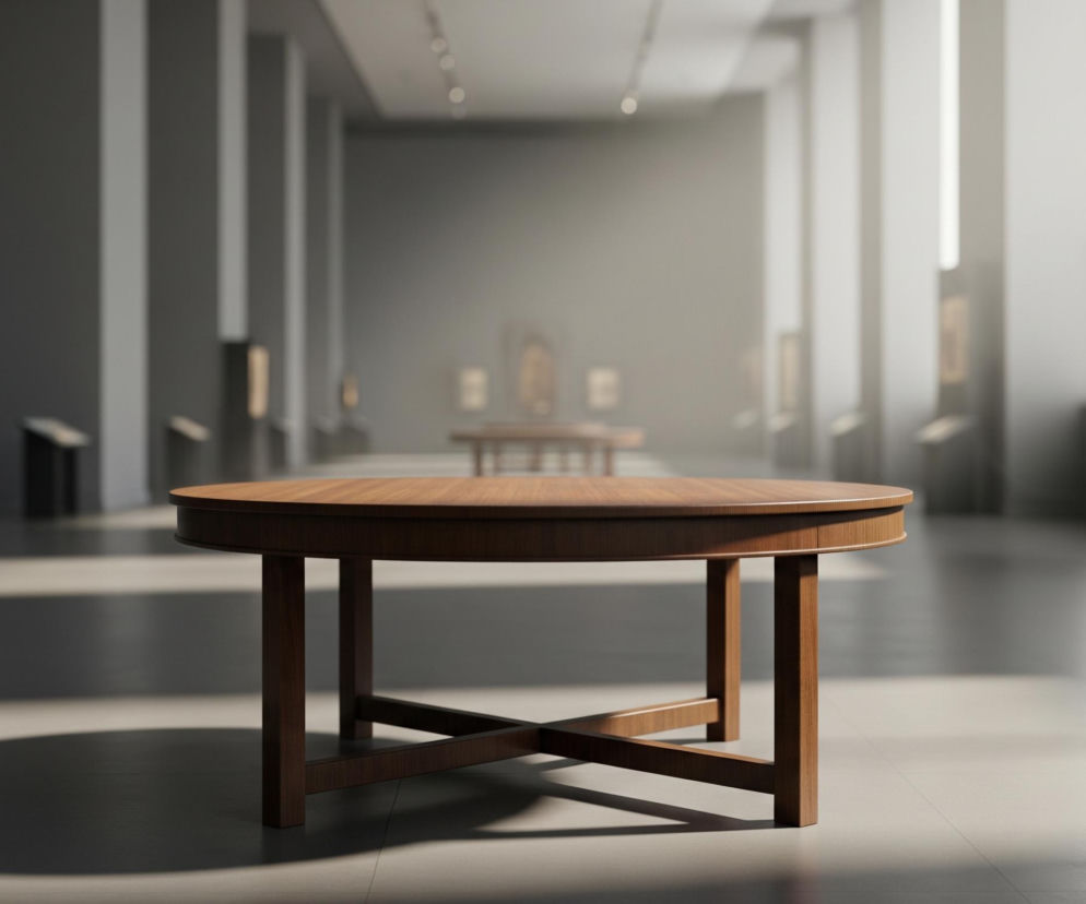 Na pierwszym planie znajduje się owalny drewniany stół z blatem w odcieniu brązu. Stół ma cztery masywne nogi połączone krzyżowym wspornikiem u dołu. Na podłodze pod stołem widać okrągły, ciemny cień. Tło przedstawia długą, przestronną salę o szarych ścianach i jaśniejszym suficie, rozświetloną naturalnym światłem wpadającym z wysokich okien po prawej stronie. Wzdłuż ścian rozmieszczone są liczne filary oraz niewyraźne obrazy w ramkach, a w oddali widać kolejny stół, również drewniany.